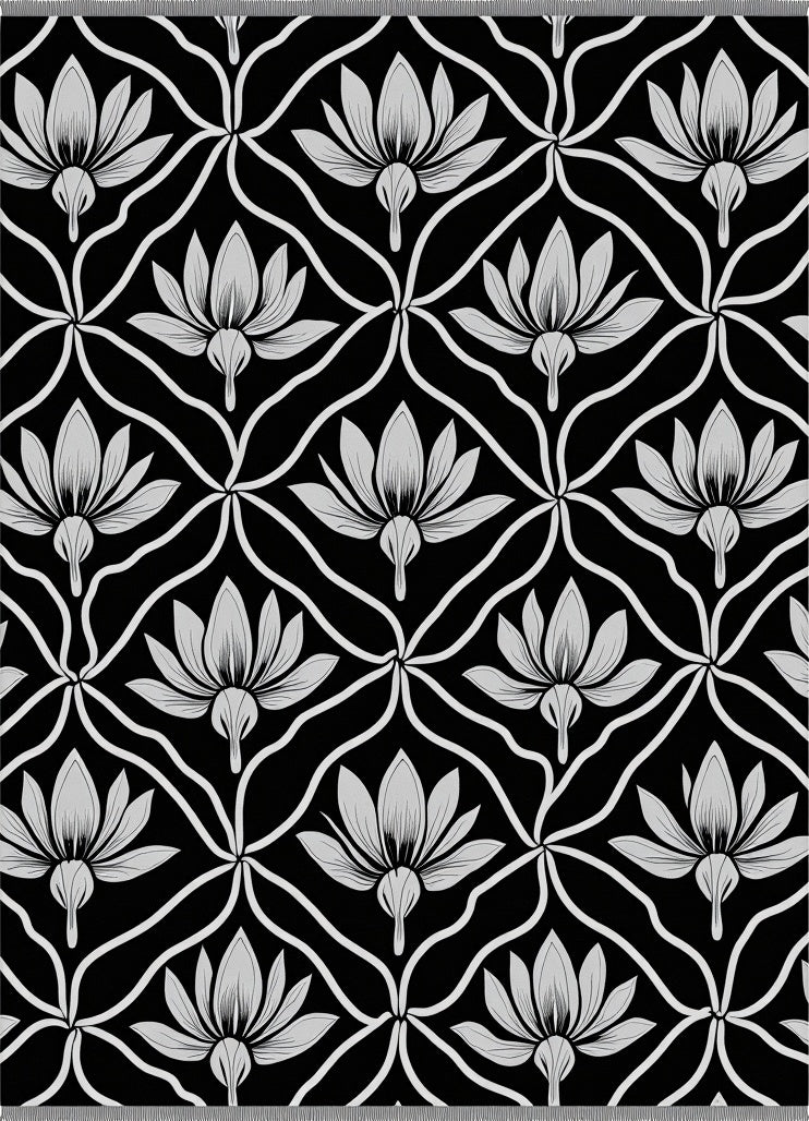Black White Floral Lattice Rug