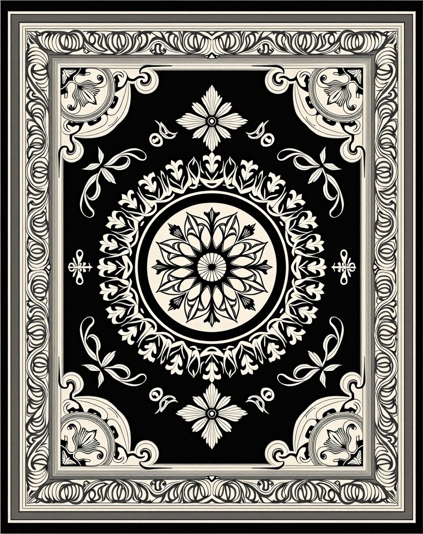 Classic Black White Floral Medallion Border Rug