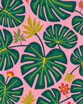 Vibrant Pink Green Tropical Foliage Rug