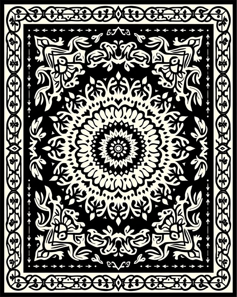 Monochromatic Intricate Mandala Border Design Rug