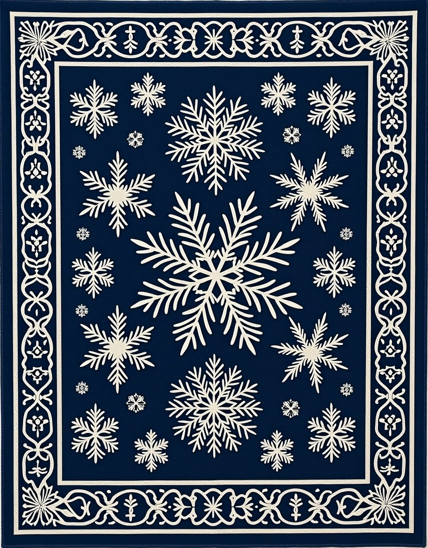 Snowflake Motif Navy Blue Bordered Rug