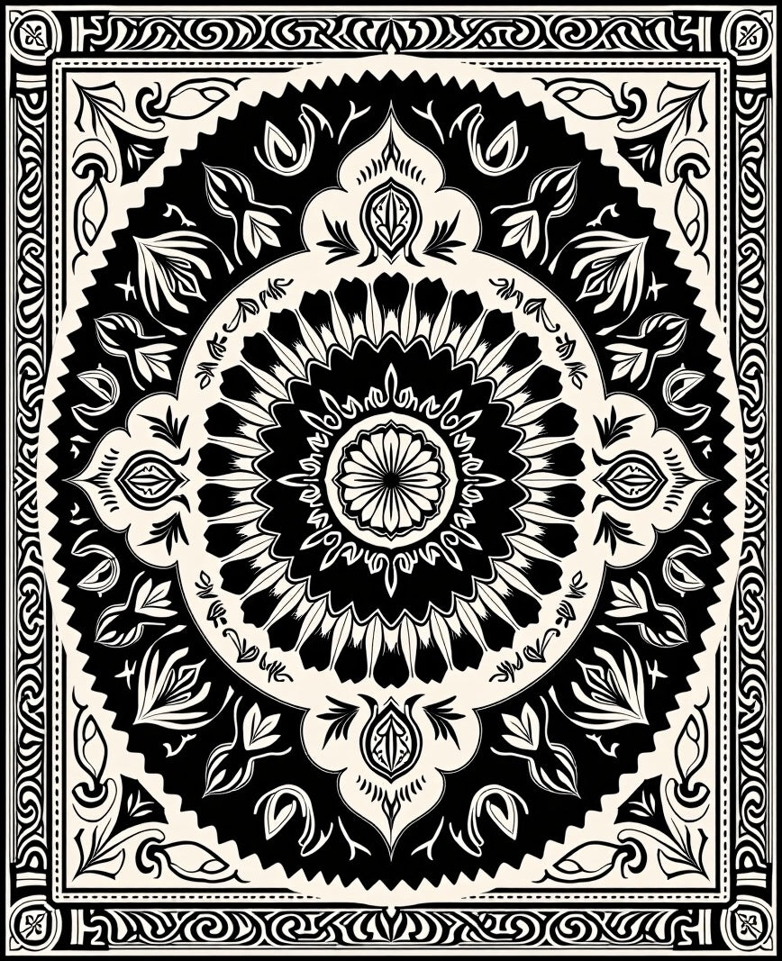 Black and Cream Intricate Floral Mandala Rug