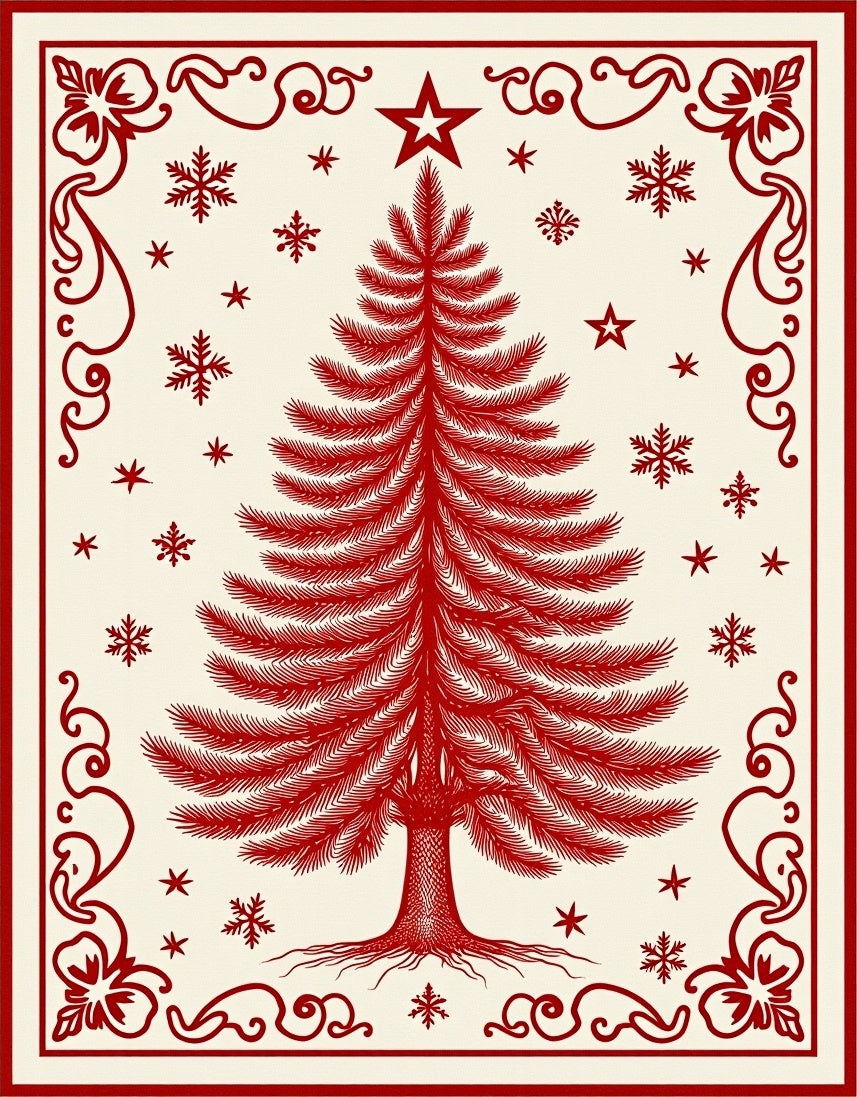 Traditional Red Christmas Tree Snowflake Rug