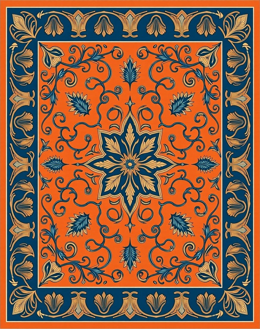 Orange Blue Floral Medallion Pattern Rug