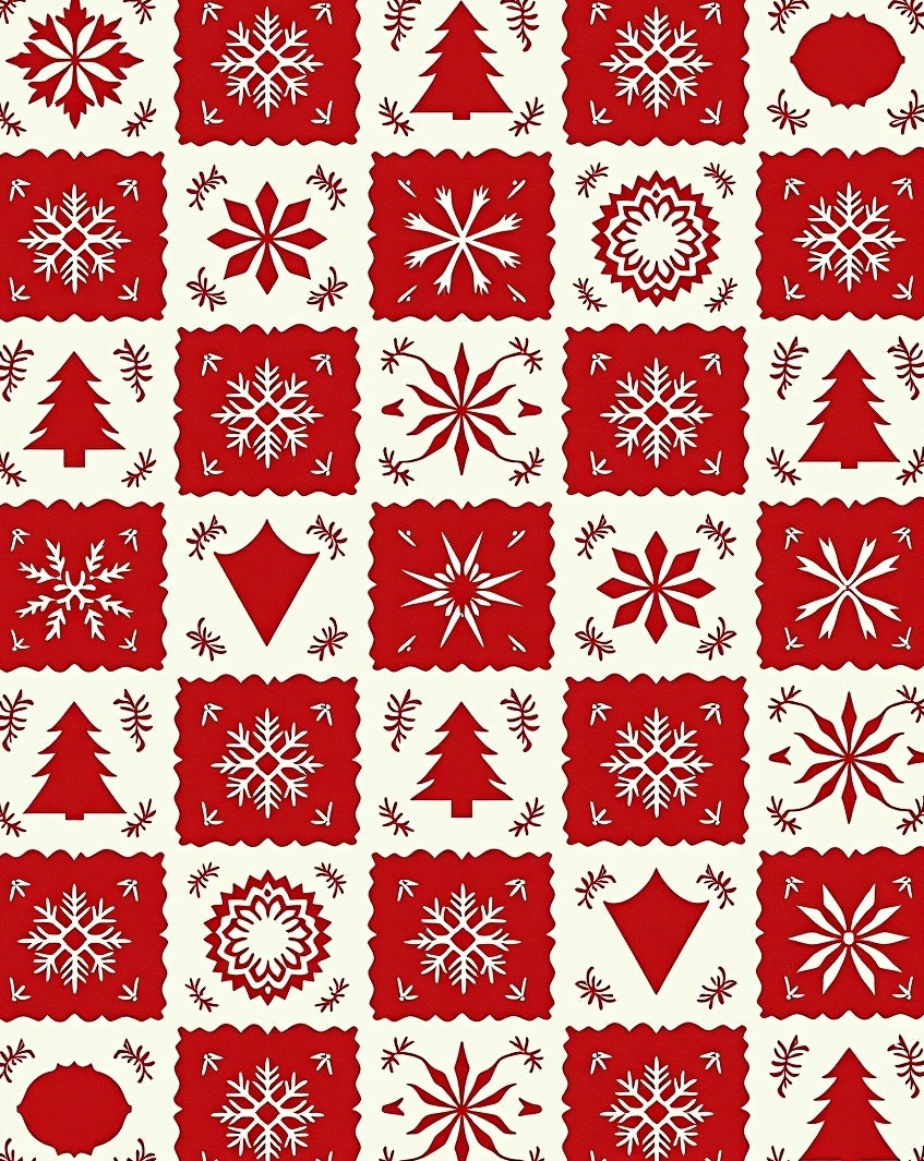 Red and White Snowflake Tree Pattern Rug