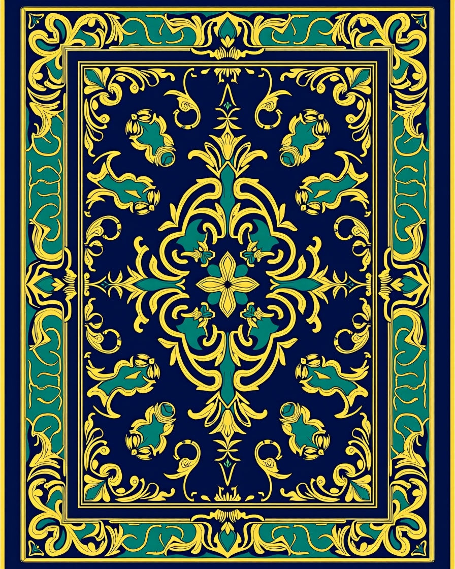 Deep Blue Golden Emerald Floral Medallion Rug