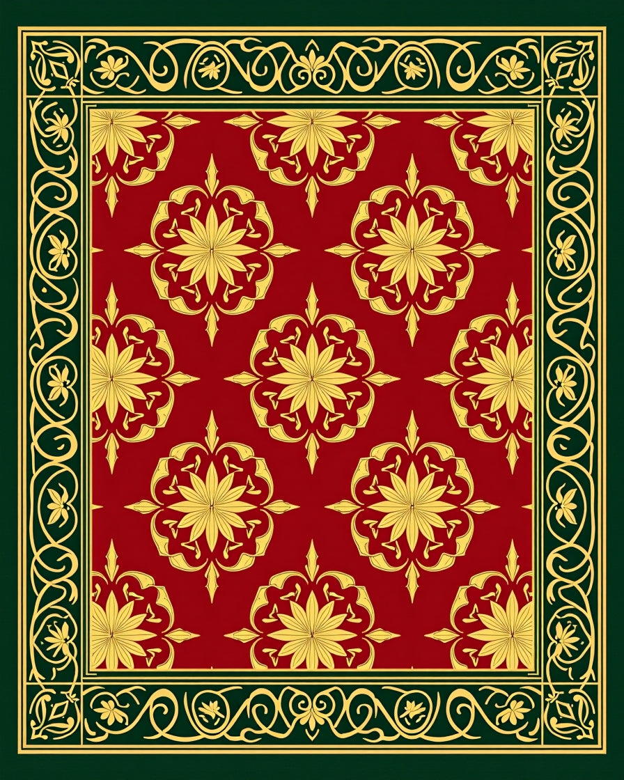 Ornate Red Gold Floral Medallion Design Rug