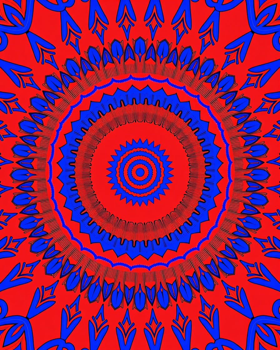 Bold Red Blue Sunburst Mandala Rug
