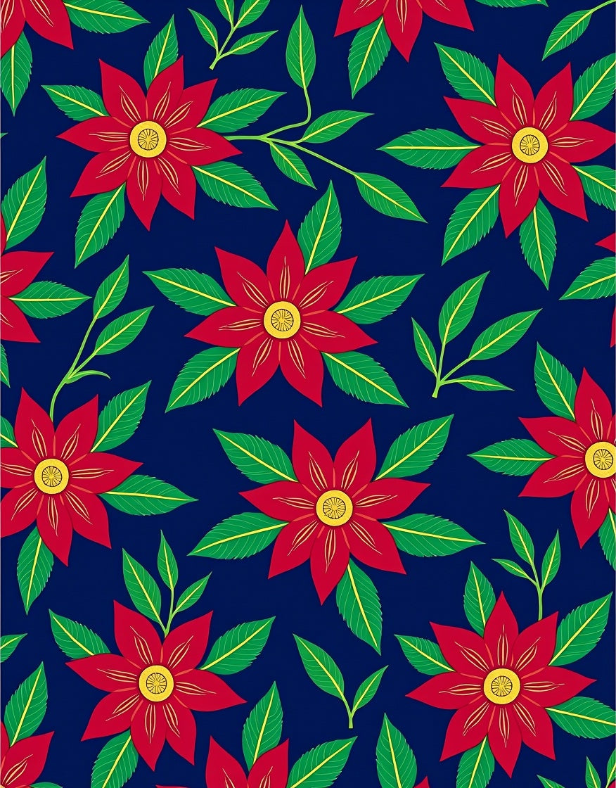 Red Floral Pattern On Navy Rug