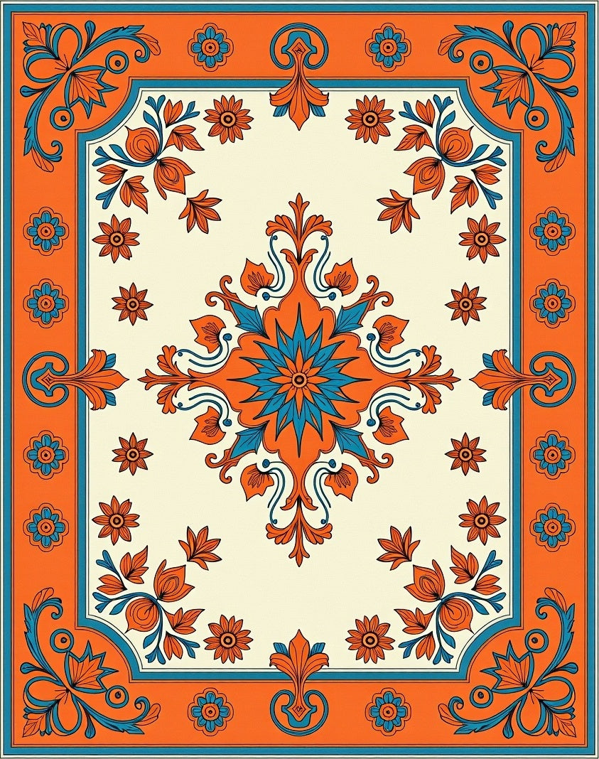 Orange Blue Floral Medallion Pattern Rug