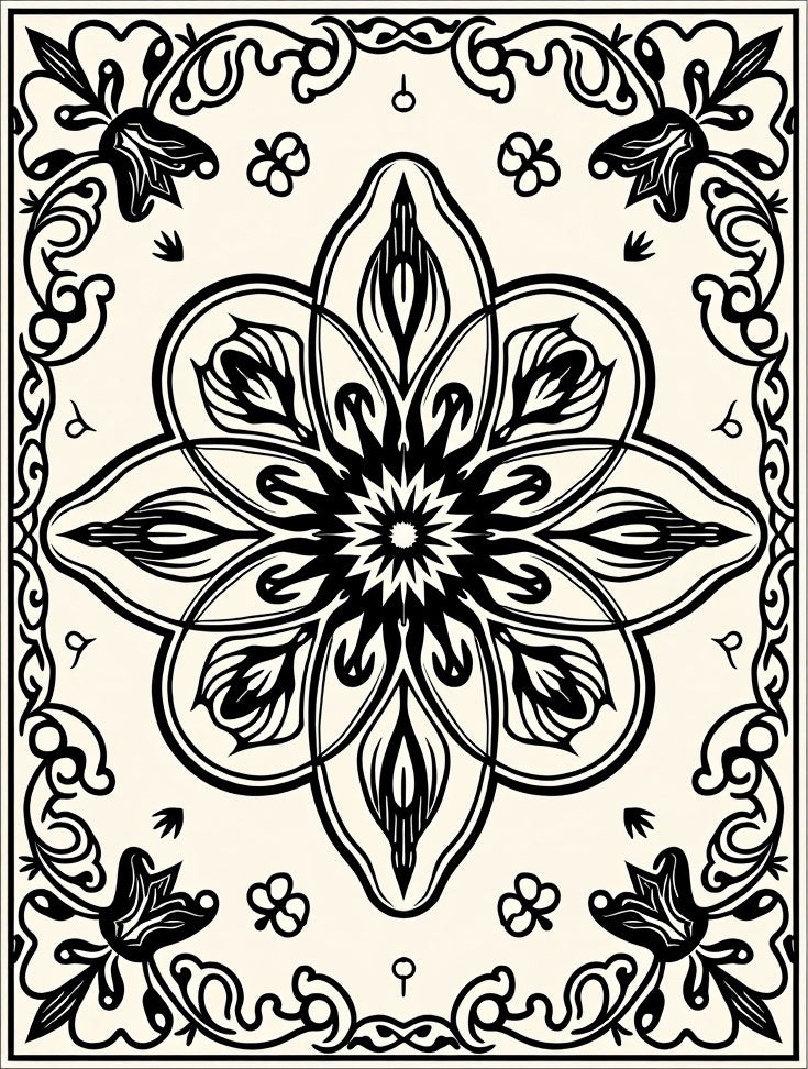 Elegant Black Floral Mandala Design Rug
