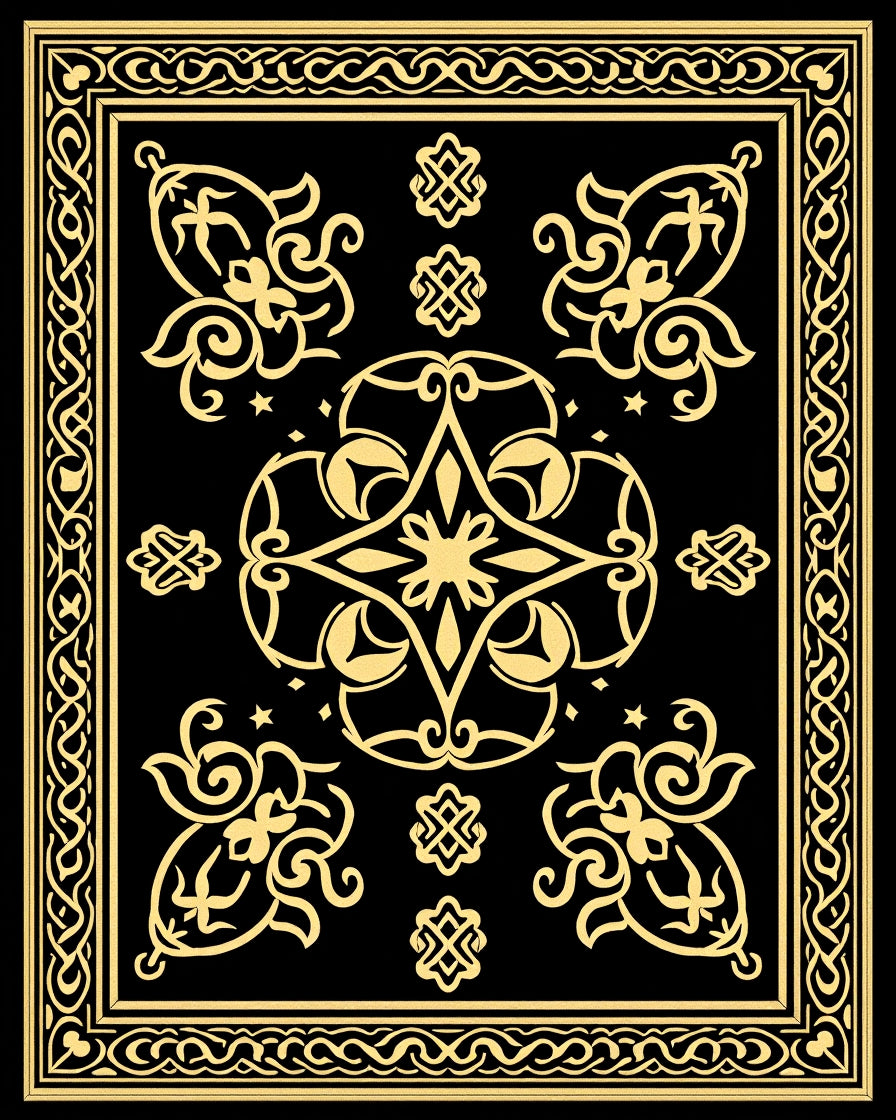 Gilded Black Floral Medallion Border Rug