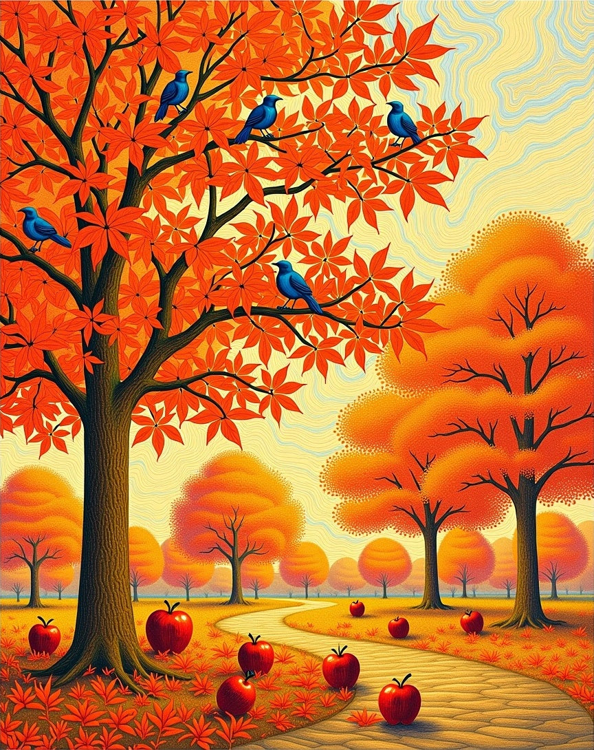 Autumn Orchard Scene With Birds Rug
