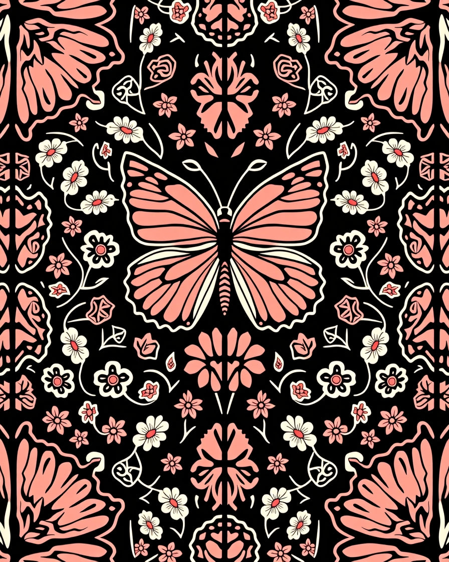 Pink Butterfly and Floral Pattern Rug