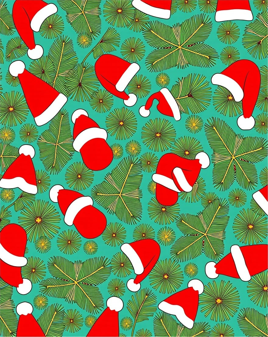 Red Santa Hats Pine Needles Teal Rug