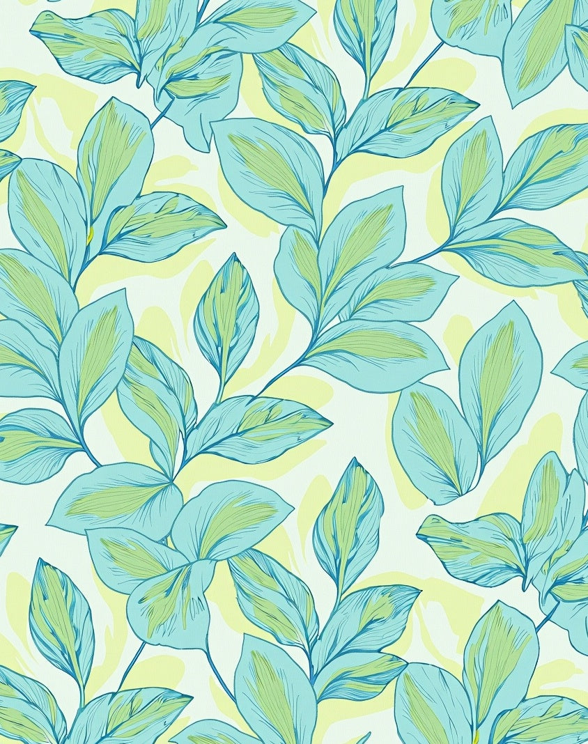 Lightweight Aqua Tropical Leaf Pattern Rug