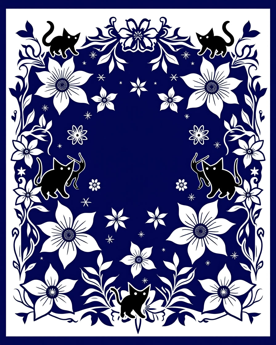 Whimsical Black Cats Floral Border Pattern Rug