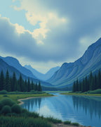 Serene Mountain Valley River Scene Rug