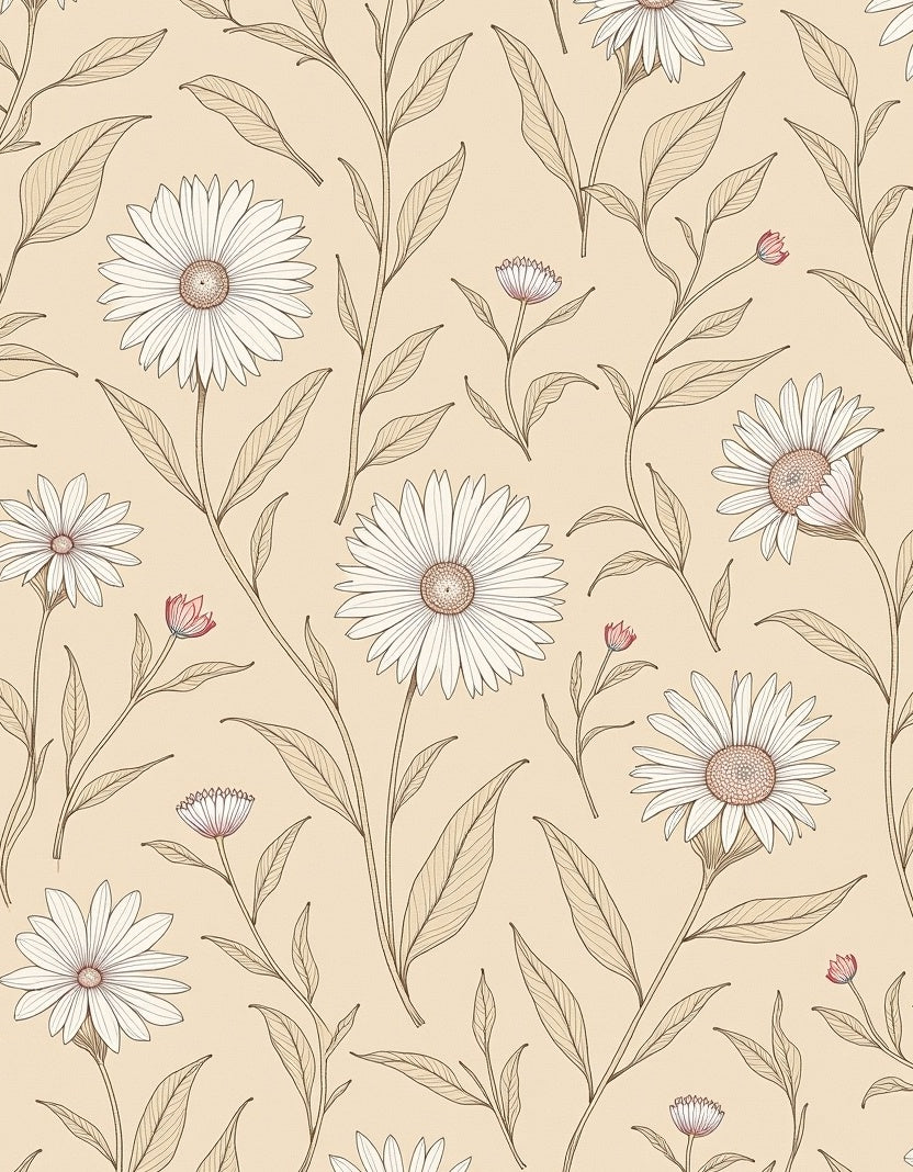 Neutral Daisy Floral Botanical Pattern Rug