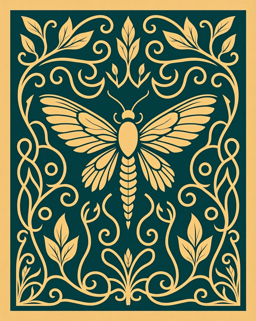 Golden Moth Floral Scroll Design Rug