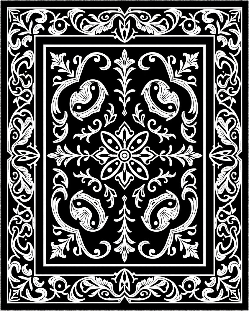 Classic Black White Floral Scroll Rug