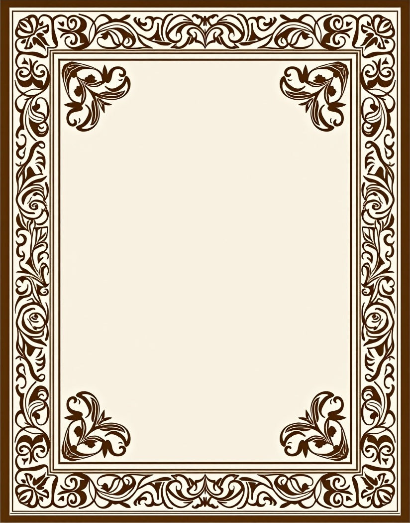 Ornate Scrollwork Brown Border Design Rug