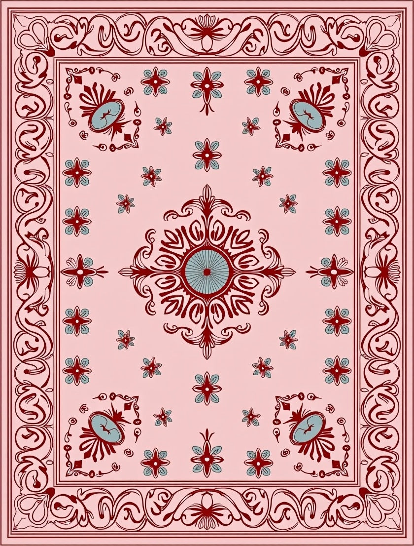 Ornate Floral Swirl Border Design Rug