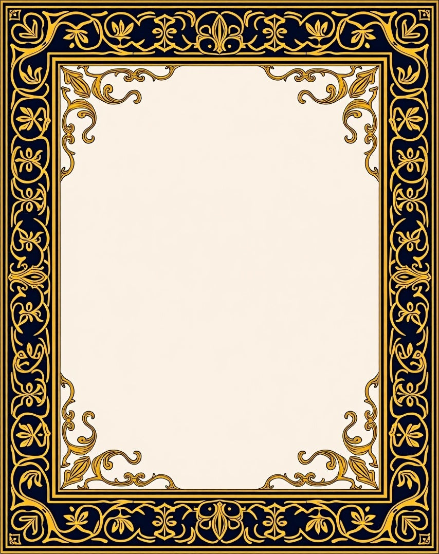 Ornate Dark Blue Gold Floral Border Rug