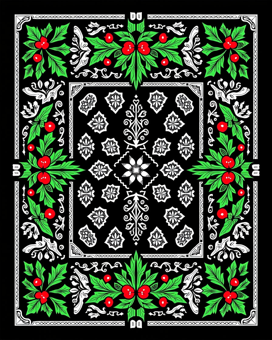 Black Holly Berry Floral Border Rug