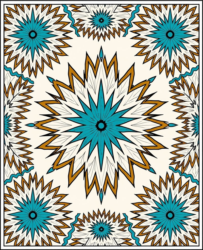 Bold Teal Gold Sunburst Medallion Rug
