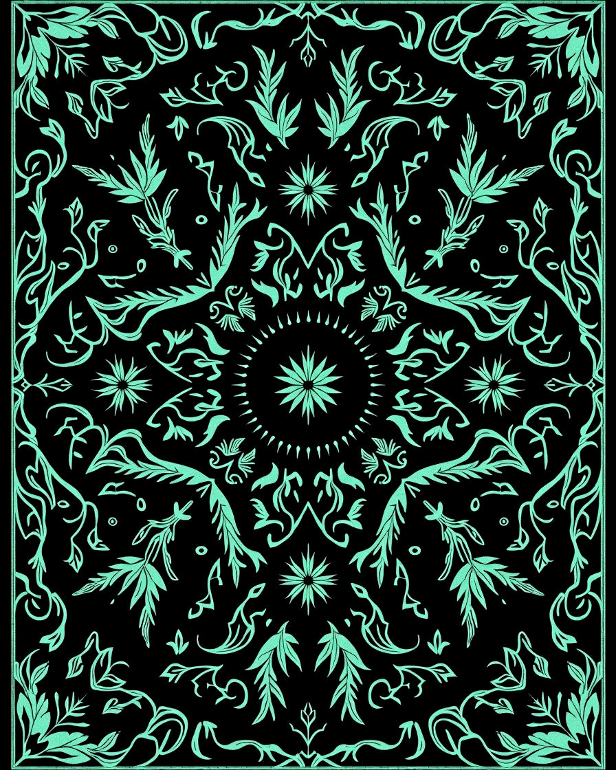 Black Teal Floral Mandala Rug