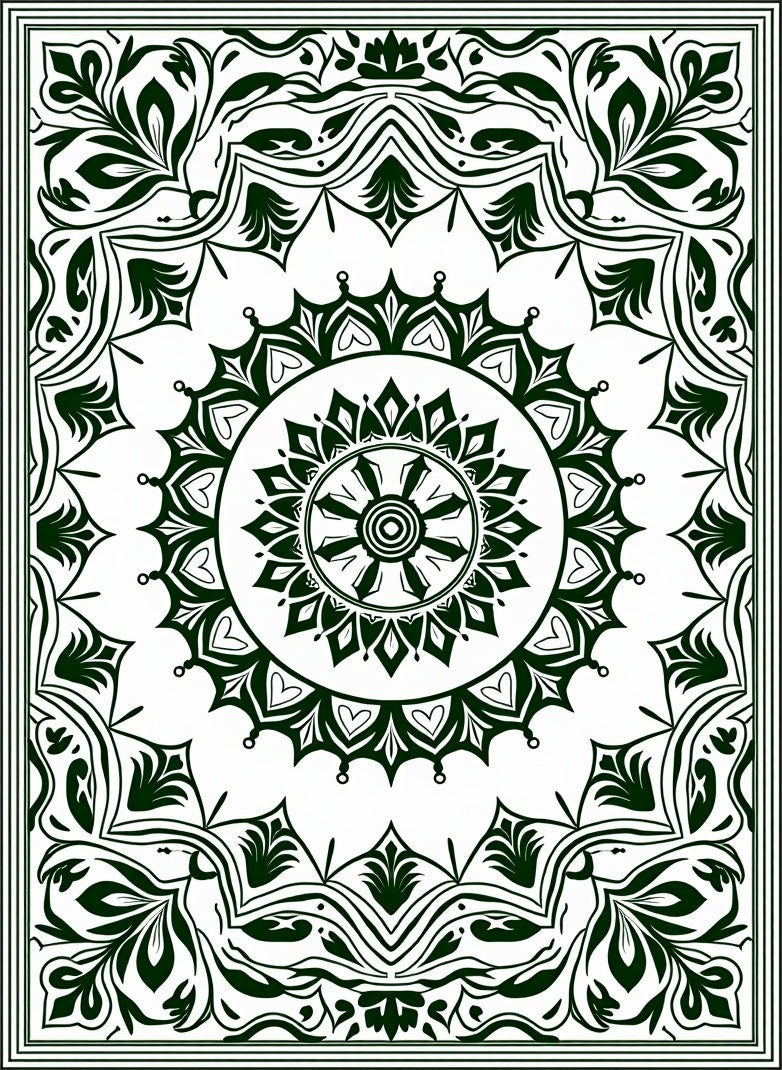 Dark Green Intricate Floral Mandala Pattern Rug