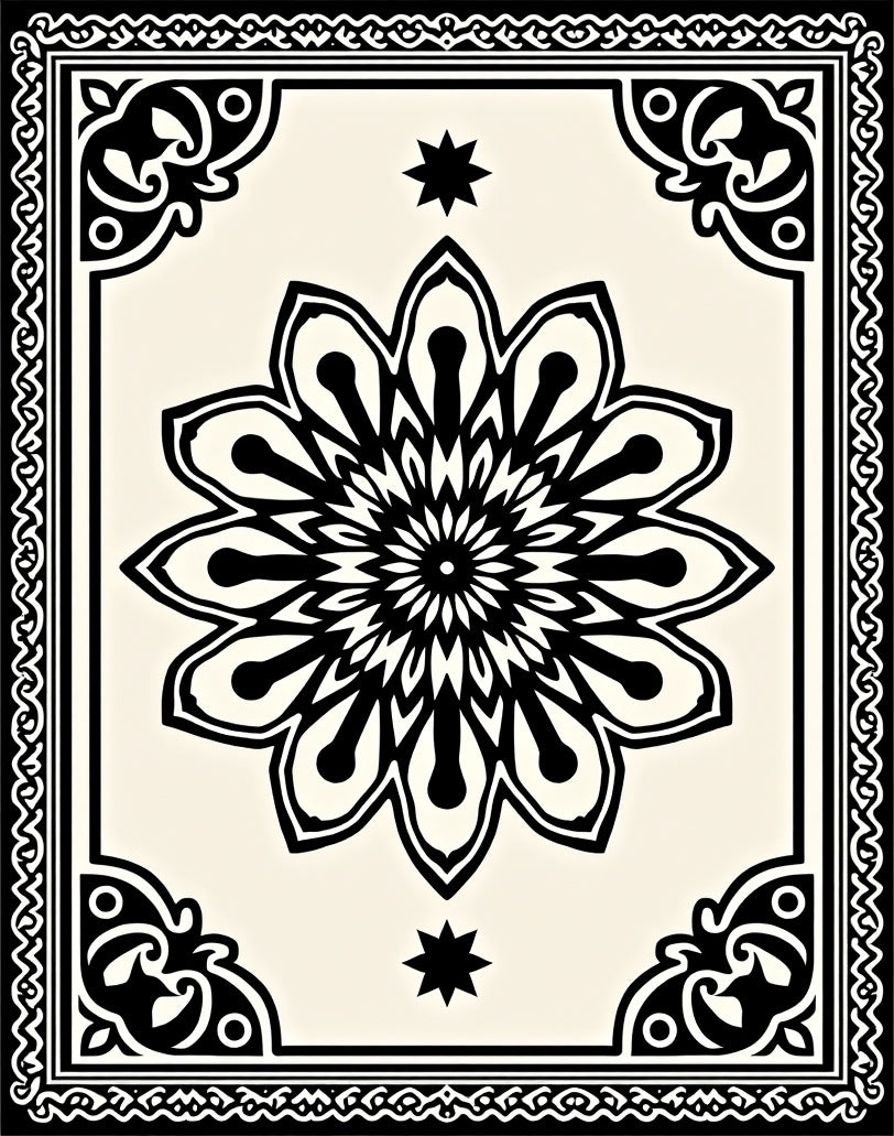 Intricate Black Floral Starburst Motif Rug