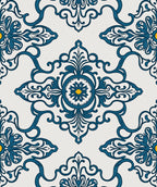 Damask Floral Blue Yellow Pattern Rug