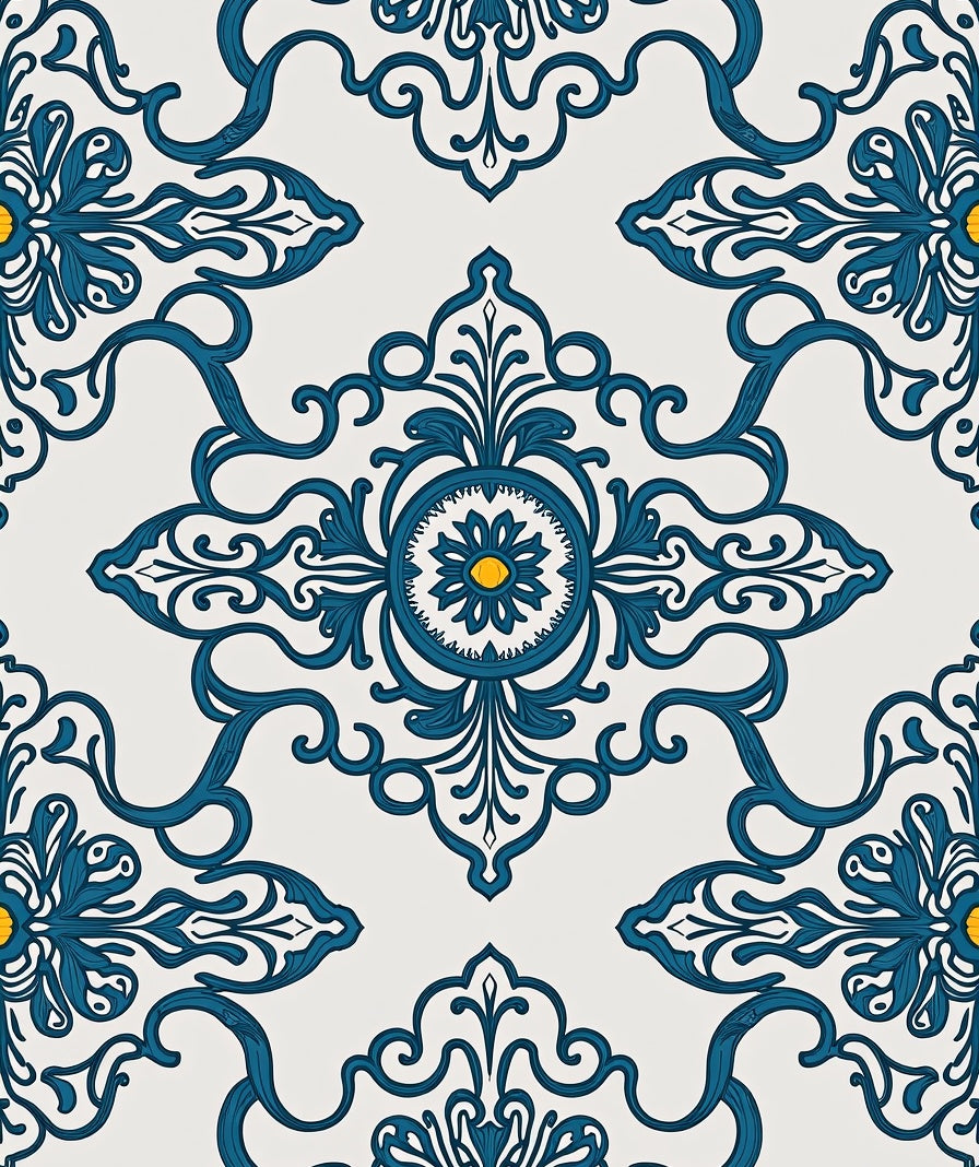 Damask Floral Blue Yellow Pattern Rug