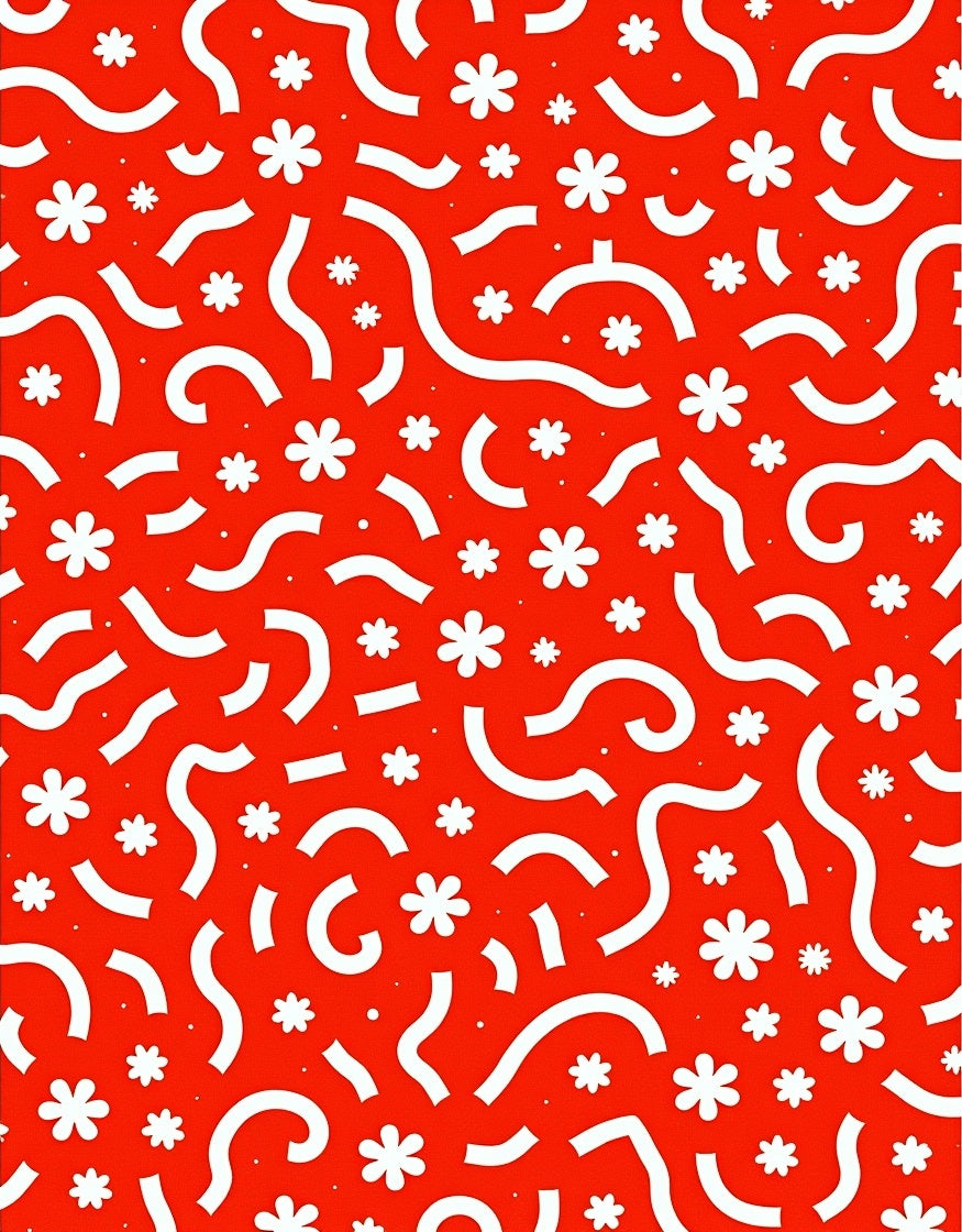 Bright Red White Playful Floral Swirl Rug