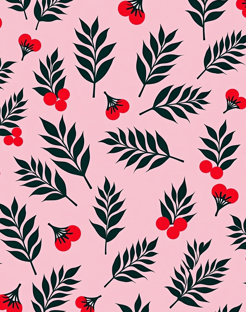 Leaf Berry Patterned Pink Rug