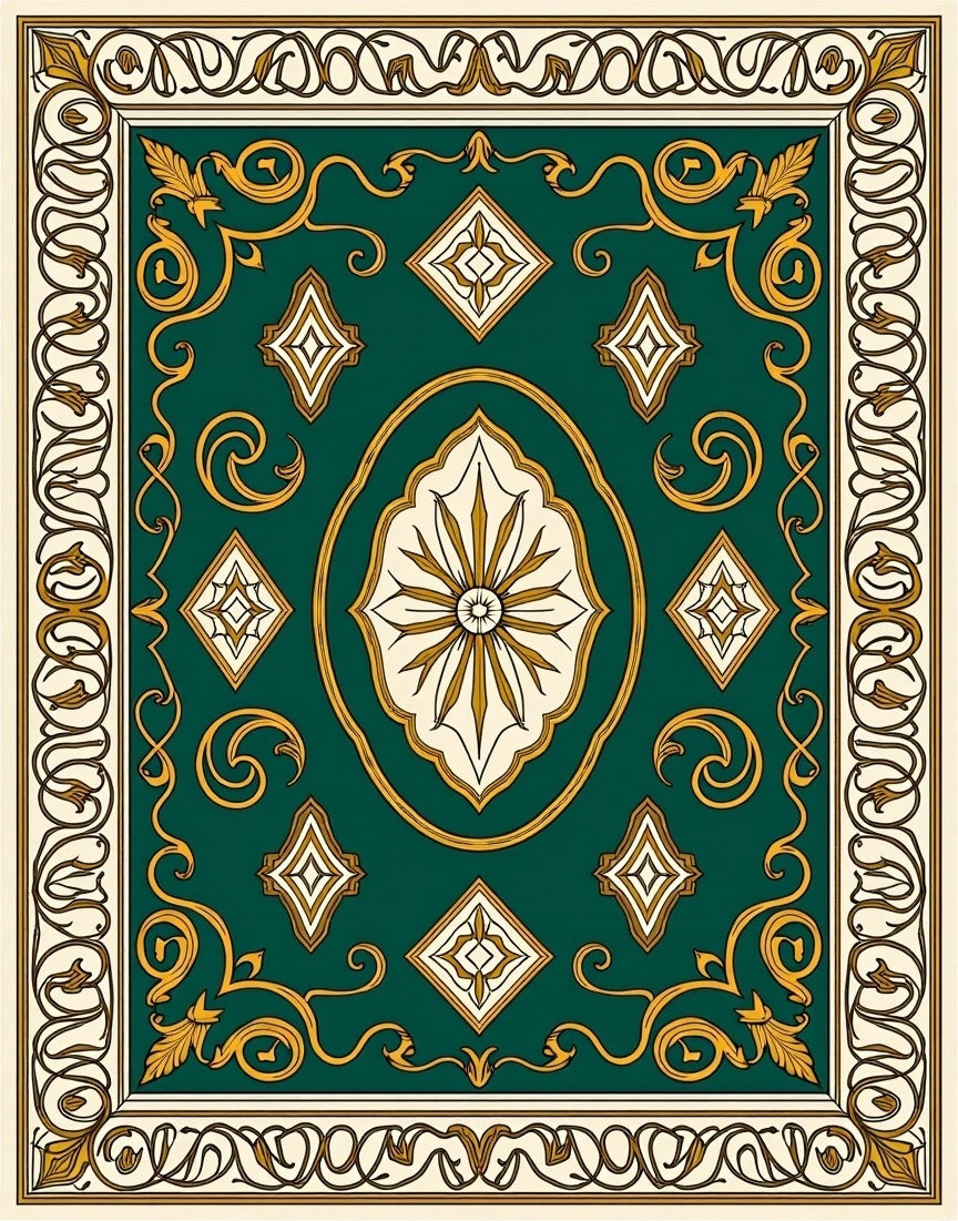 Ornate Teal Gold Scroll Pattern Rug