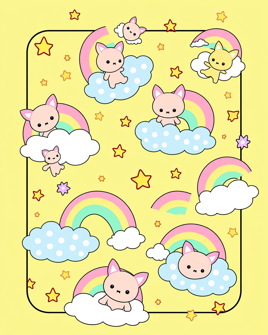 Cute Cat Rainbow Cloud Star Pattern Rug