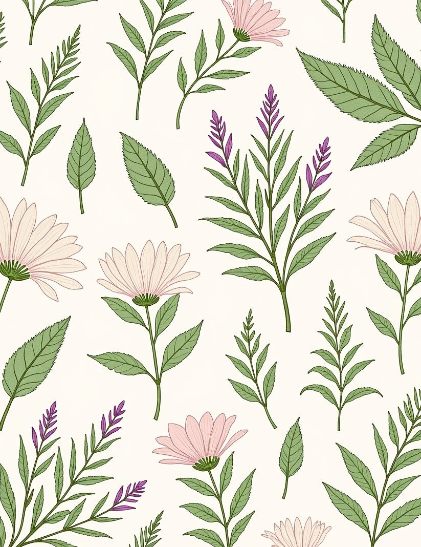 Botanical Leaf and Flower Pattern Rug