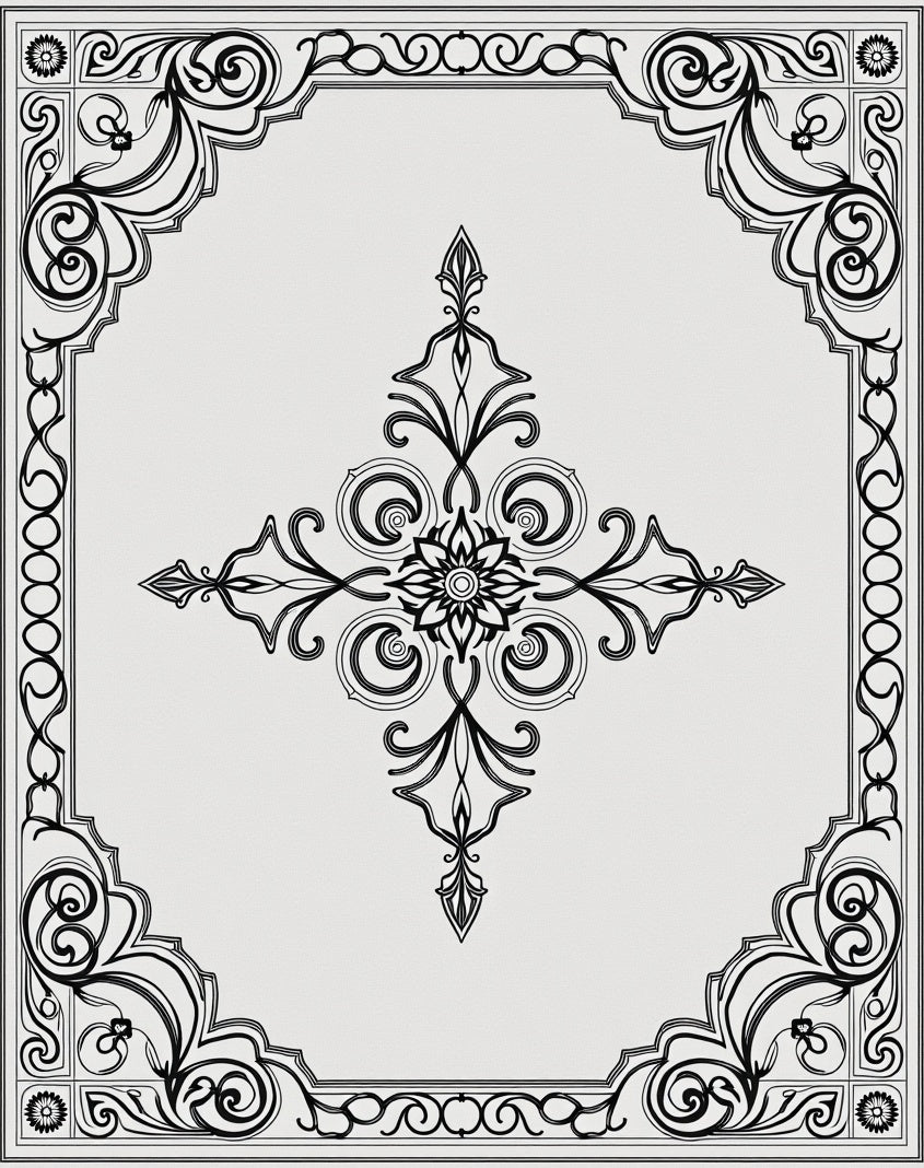 Ornate Black Floral Scrollwork Frame Rug