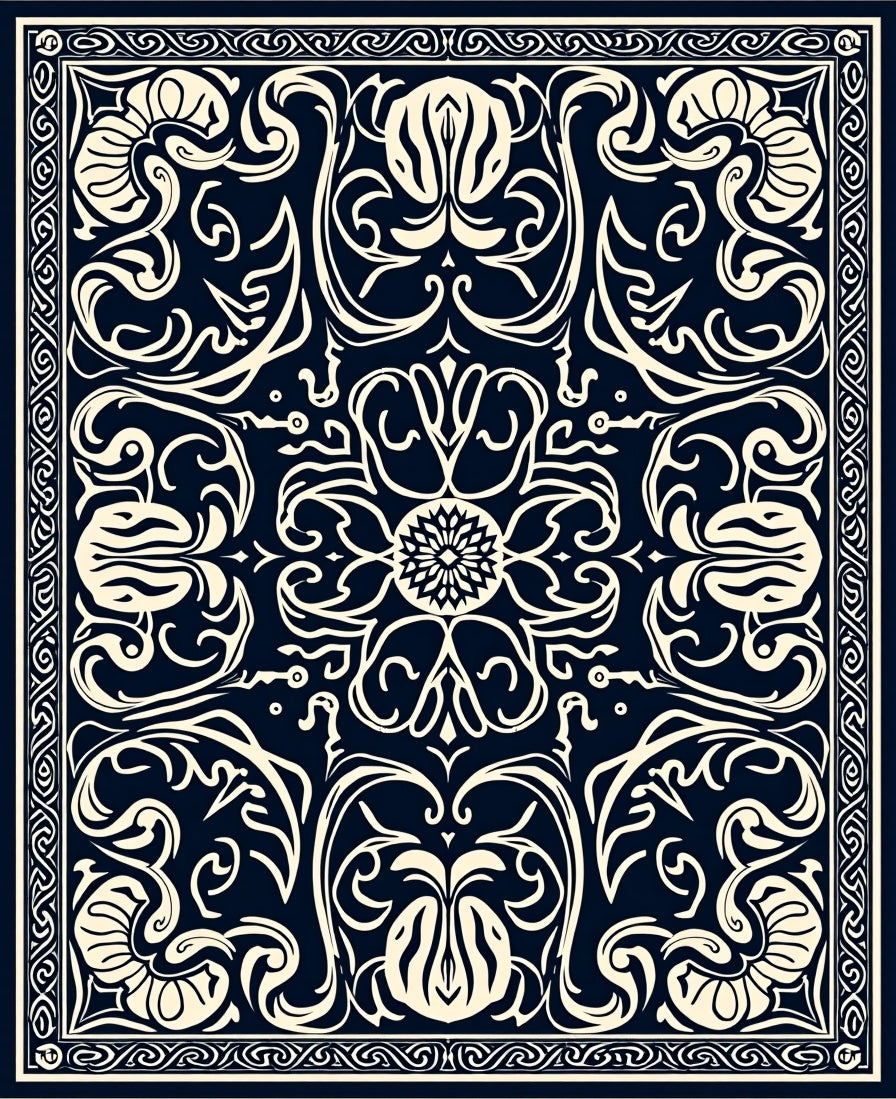 Classic Cream Navy Floral Pattern Rug