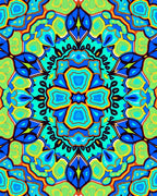 Vibrant Blue Green 4 Motif Pattern Rug