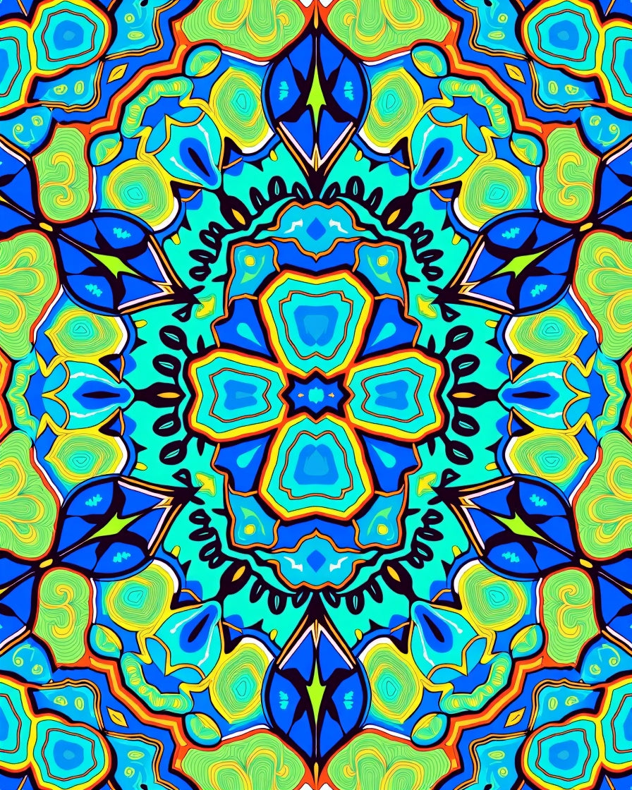 Vibrant Blue Green 4 Motif Pattern Rug