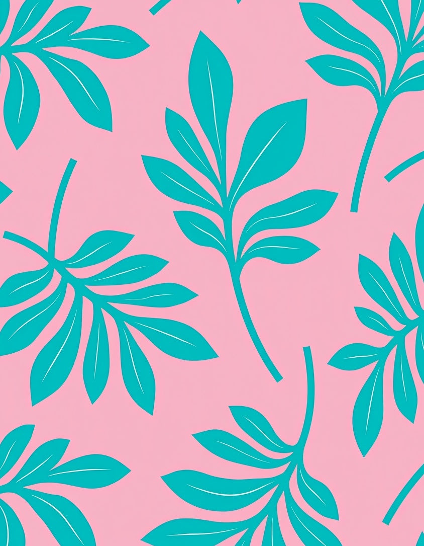 Teal Leaf Pattern With Pink Background Rug
