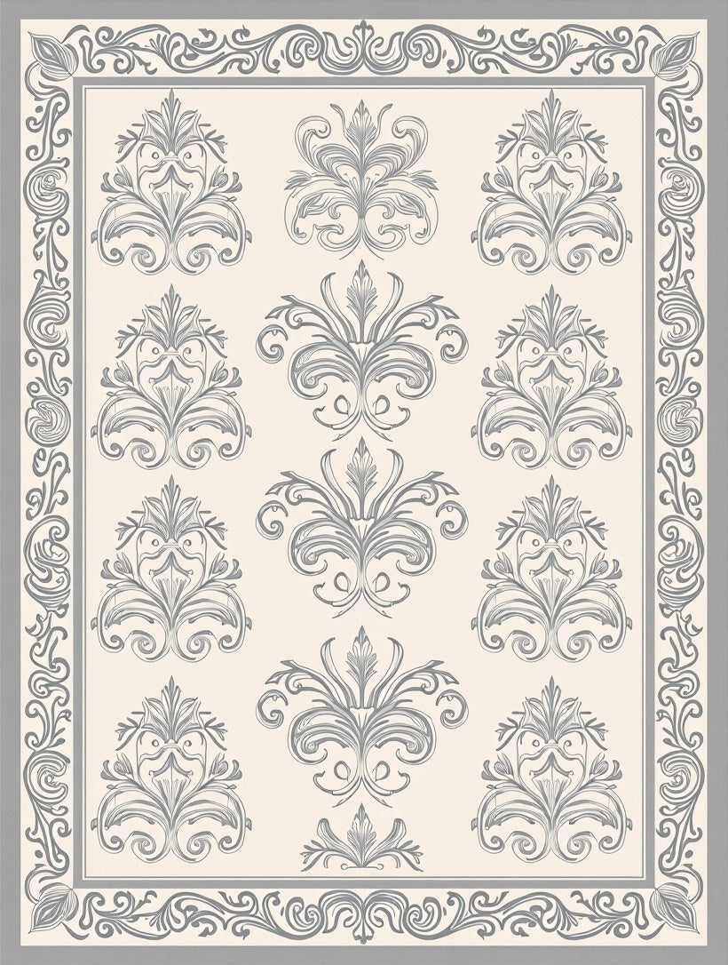 Elegant Grey Damask Floral Scrollwork Rug
