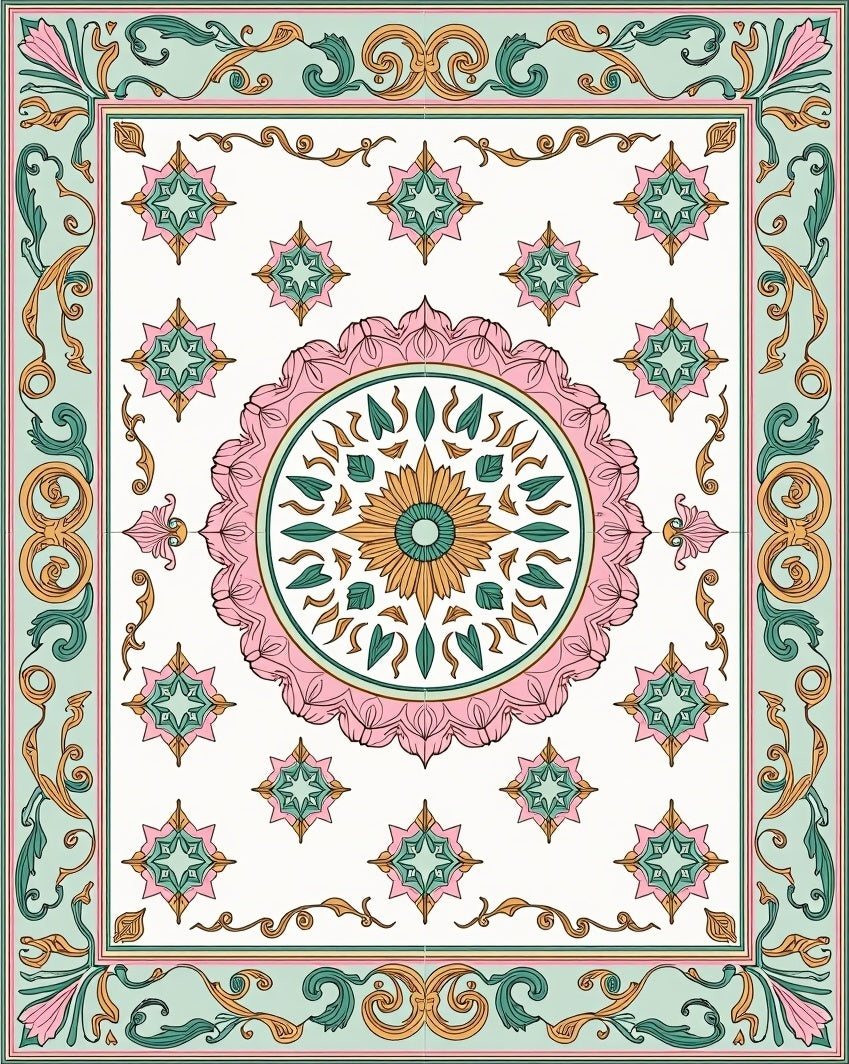 Pastel Floral Medallion Diamond Pattern Rug