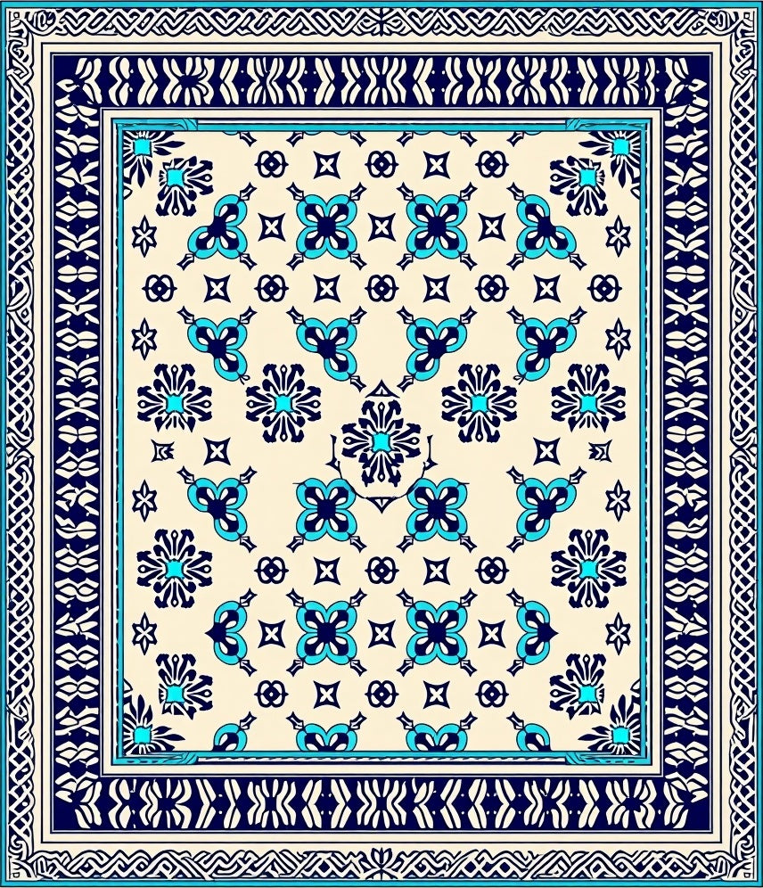 Cream Sky Blue Intricate Floral Pattern Rug