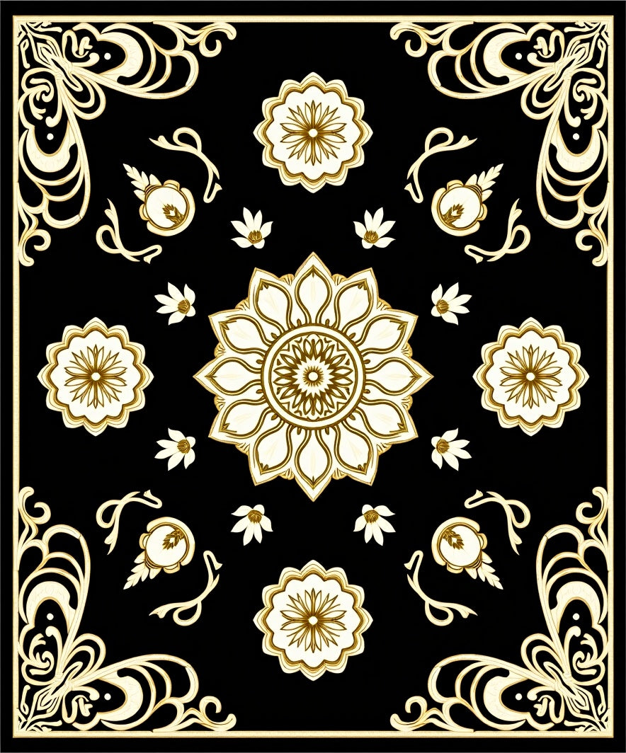 Ornate Black Gold Floral Pattern Rug