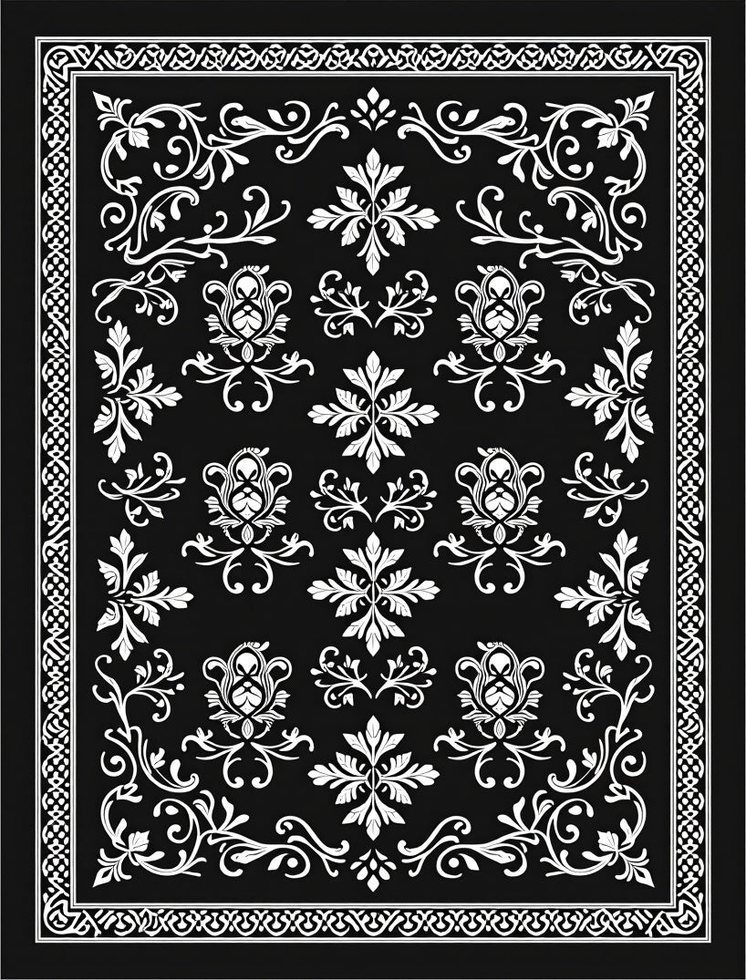 Classic Black White Floral Damask Pattern Rug